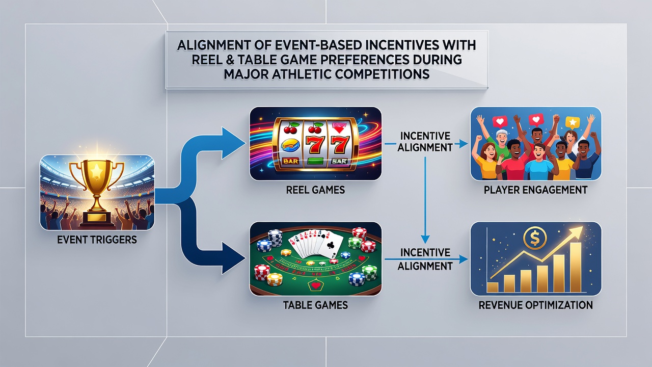 Casino floor showing aligned slot machines and table games with sports event promotions during athletic competitions