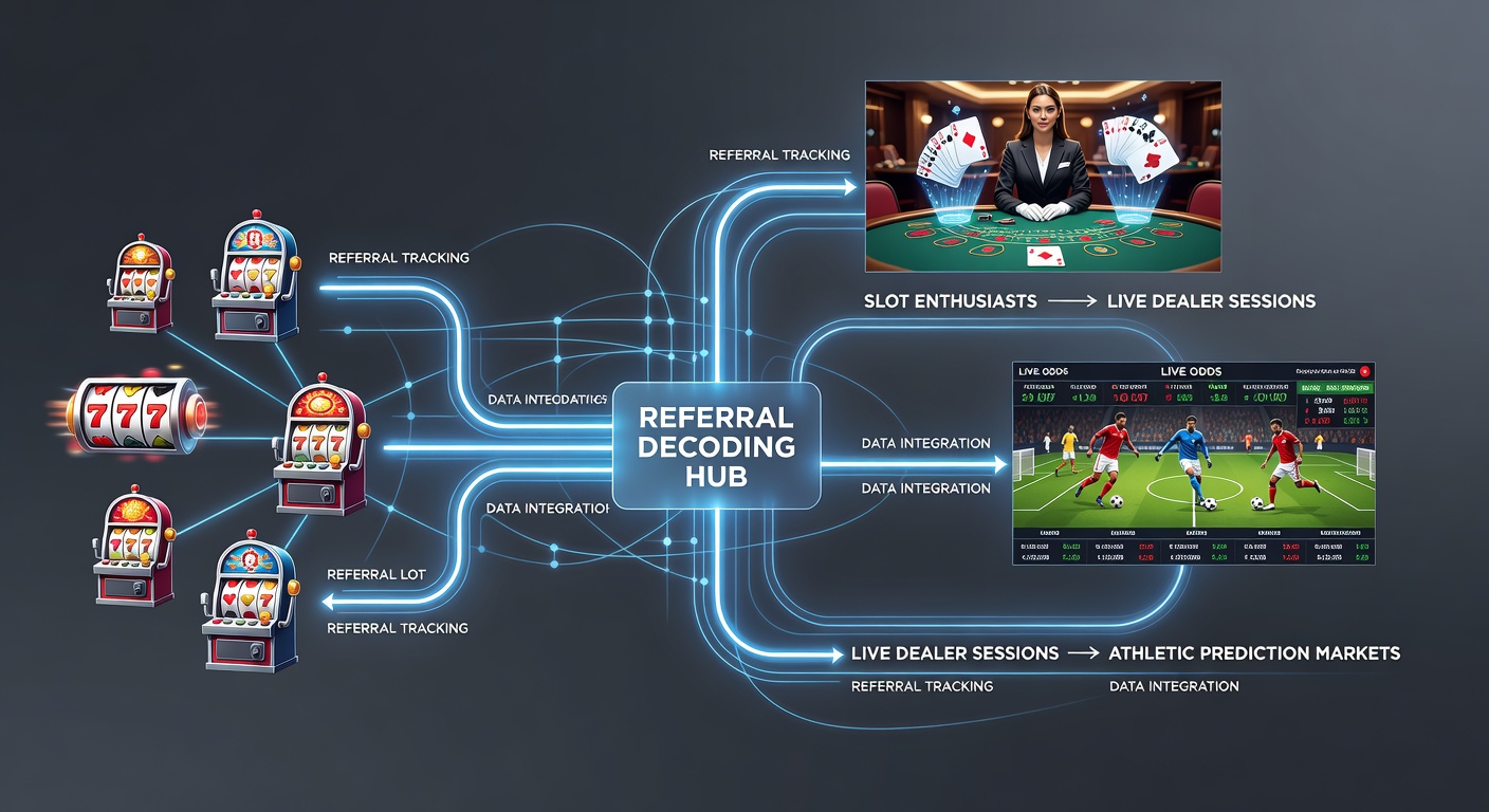 Referral chain diagram showing connections between slot games, live dealer tables, and sports prediction markets