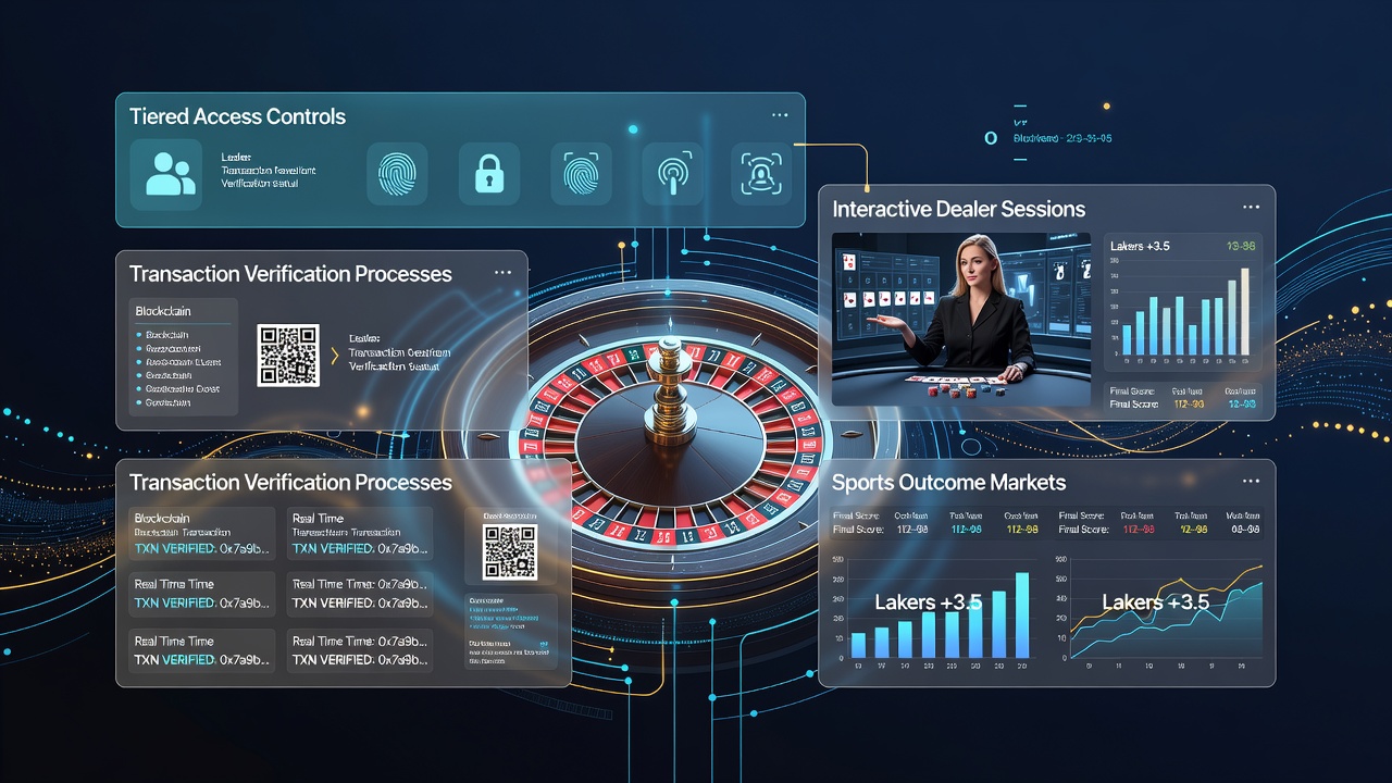 Mobile app interface showing transaction verification steps connected to tiered access levels for spinning games, dealer sessions, and sports markets