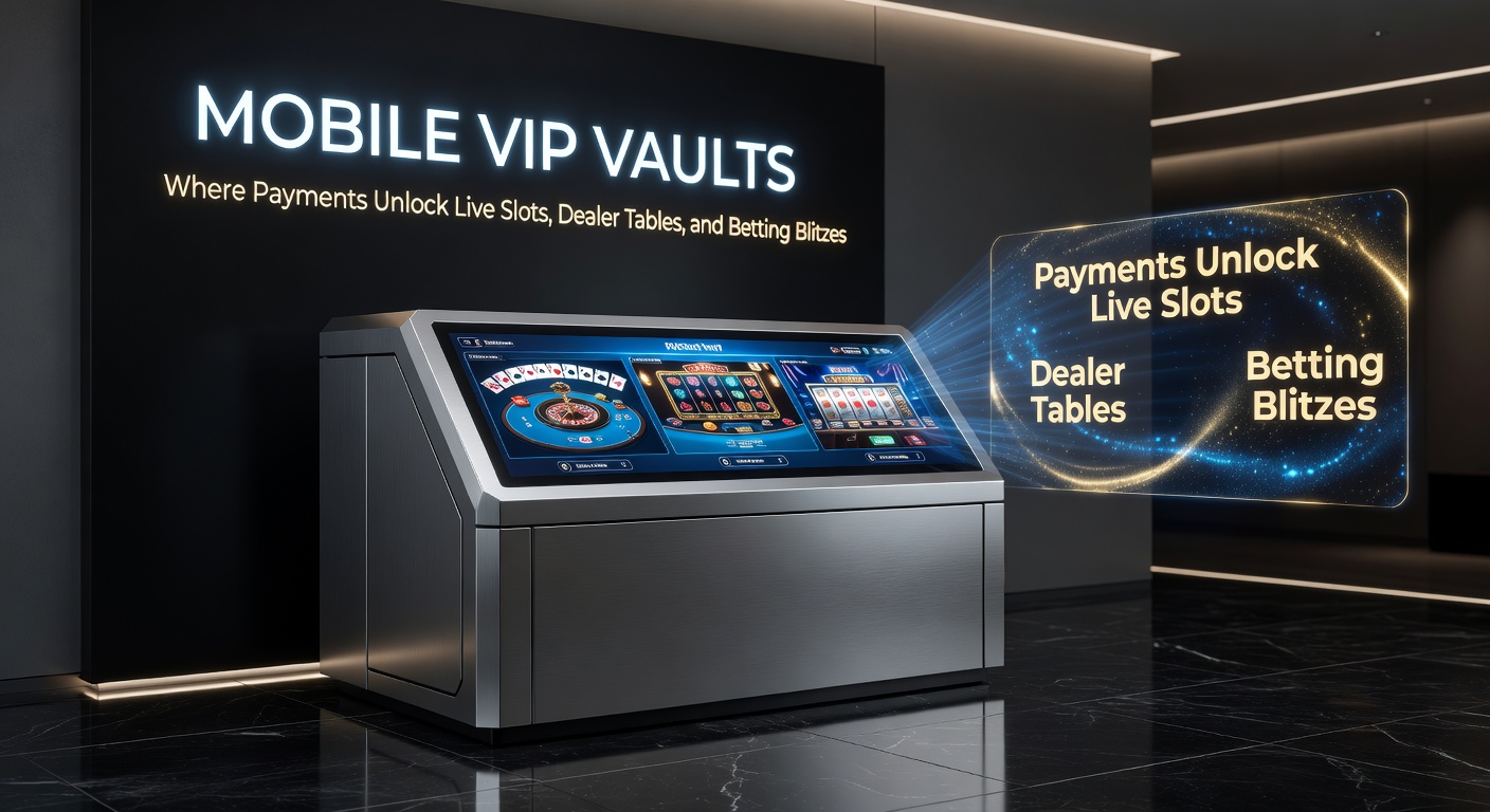 Sleek mobile app screen displaying a glowing VIP vault door unlocking to reveal slots, tables, and betting options