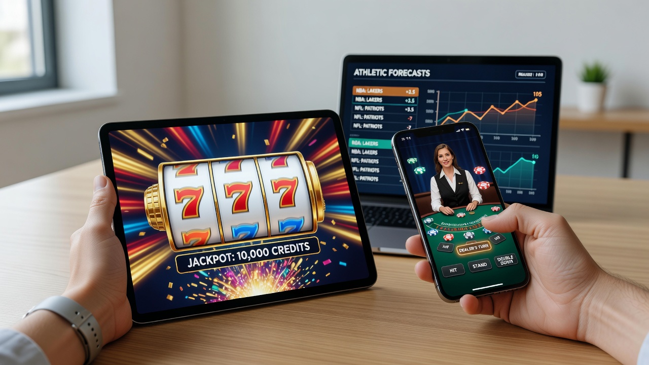 Mobile device screen displaying interconnected reward pathways across spinning reels, live dealer tables, and sports forecasting interfaces