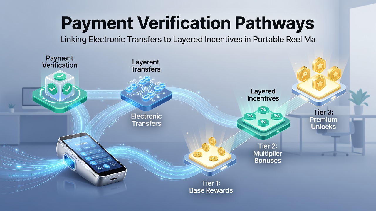 Flowchart showing verified electronic transfers unlocking tiered rewards in mobile slots, roulette, and sports betting environments
