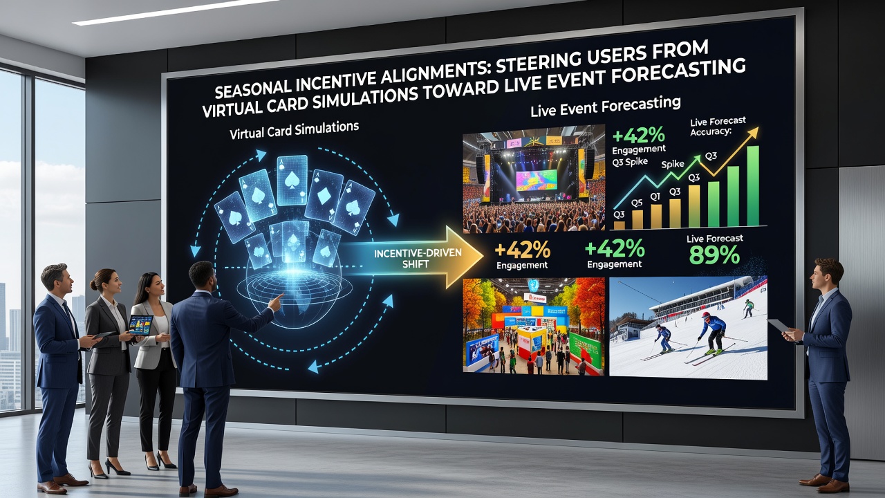 Handheld device displaying layered access dashboard connecting card simulation results to upcoming live event forecast options