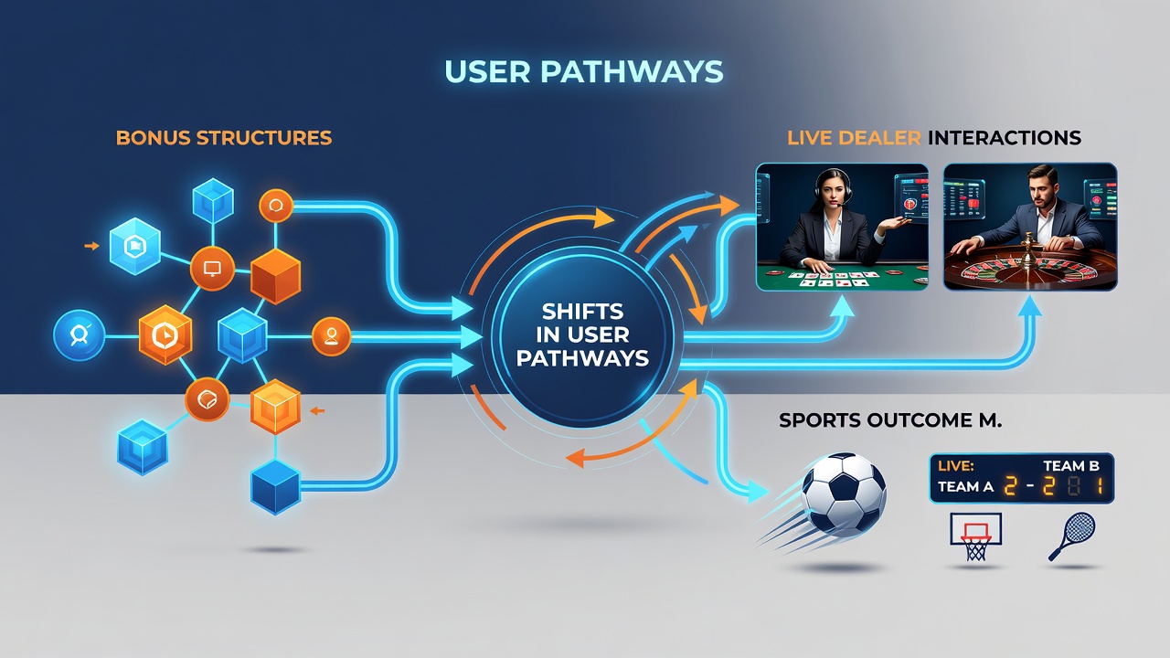 Flow diagram illustrating user navigation from bonus activation to live dealer and sports market sections on a tablet