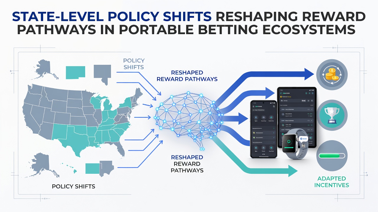 Illustration of state policy documents overlaying mobile betting interfaces showing reward pathway adjustments