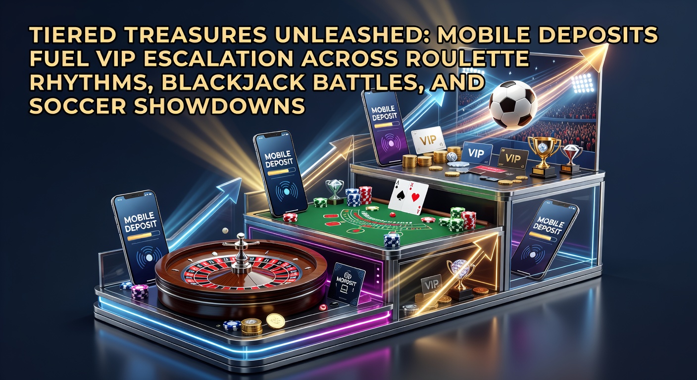 Vibrant illustration of VIP tiers unlocking treasures in roulette, blackjack, and soccer betting scenes, with mobile phones depositing coins