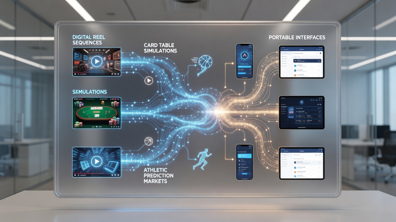 Mobile interface showing interconnected funding routes across slots, table games, and sports markets with reward indicators highlighted