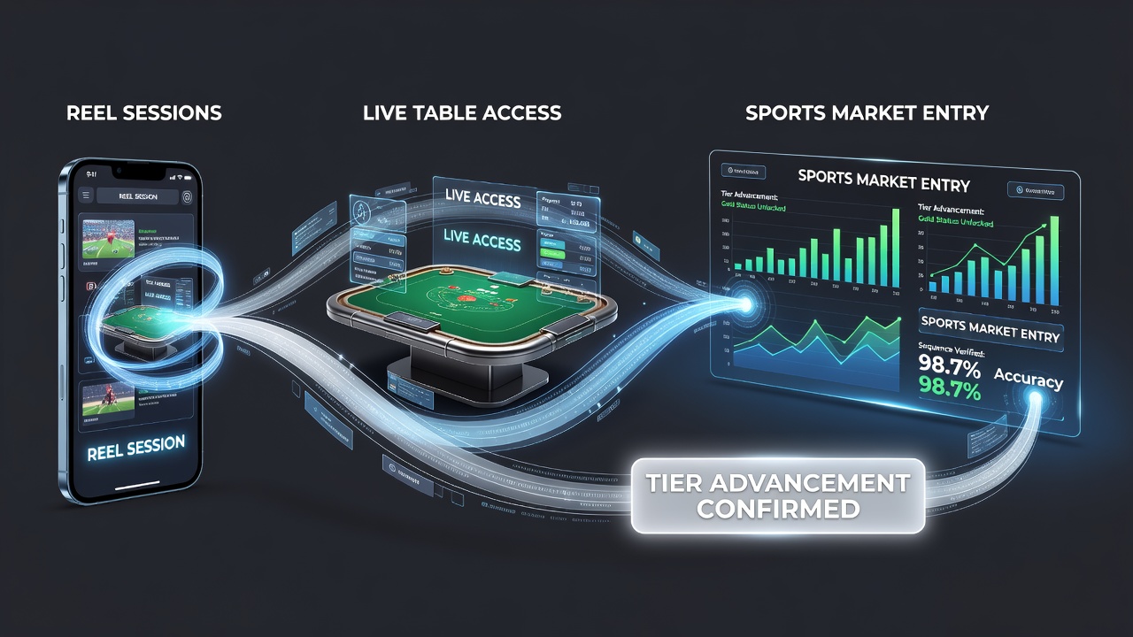 Mobile gaming interface showing verification sequences linking slot reels to live tables and sports markets